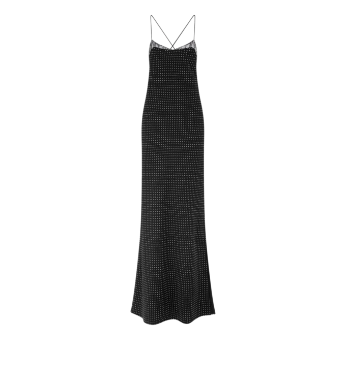 Robe de soirée à bretelles en crêpe de soie à pois avec détails en dentelle Robe de soirée à bretelles en crêpe de soie à pois avec détails en dentelle
