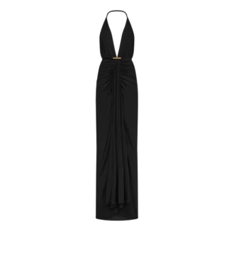 Robe de soirée à col en V avec détail drapé en cascade