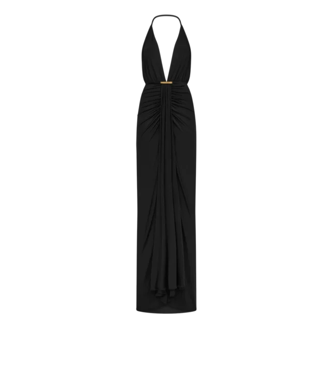 Robe de soirée à col en V avec détail drapé en cascade