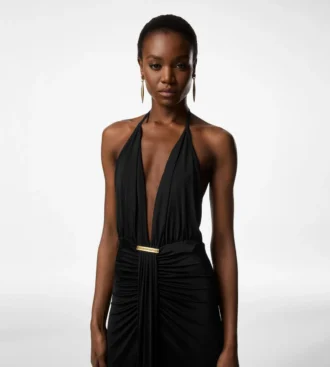Robe de soirée à col en V avec détail drapé en cascade