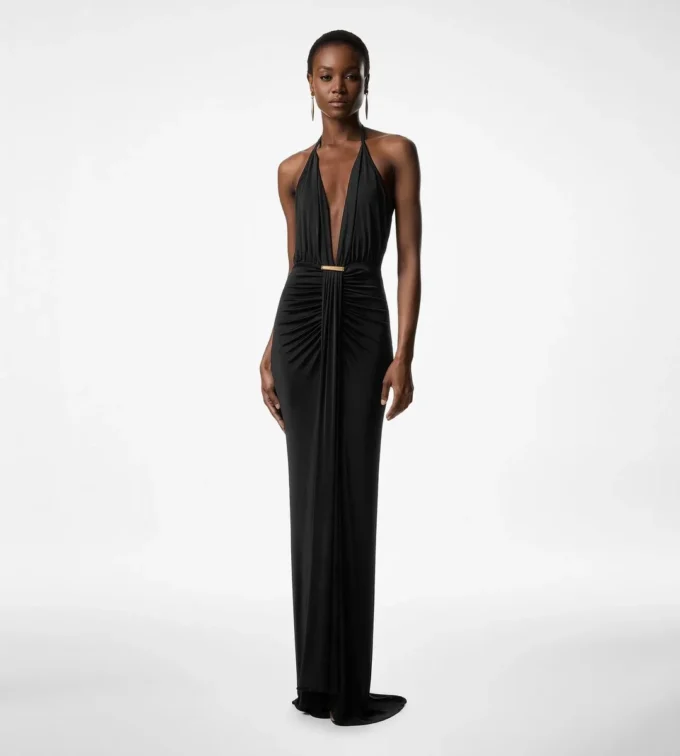 Robe de soirée à col en V avec détail drapé en cascade
