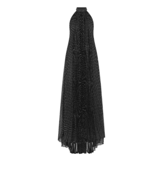 Robe de soirée en georgette de soie à col bénitier et plissé soleil avec détails en cuir