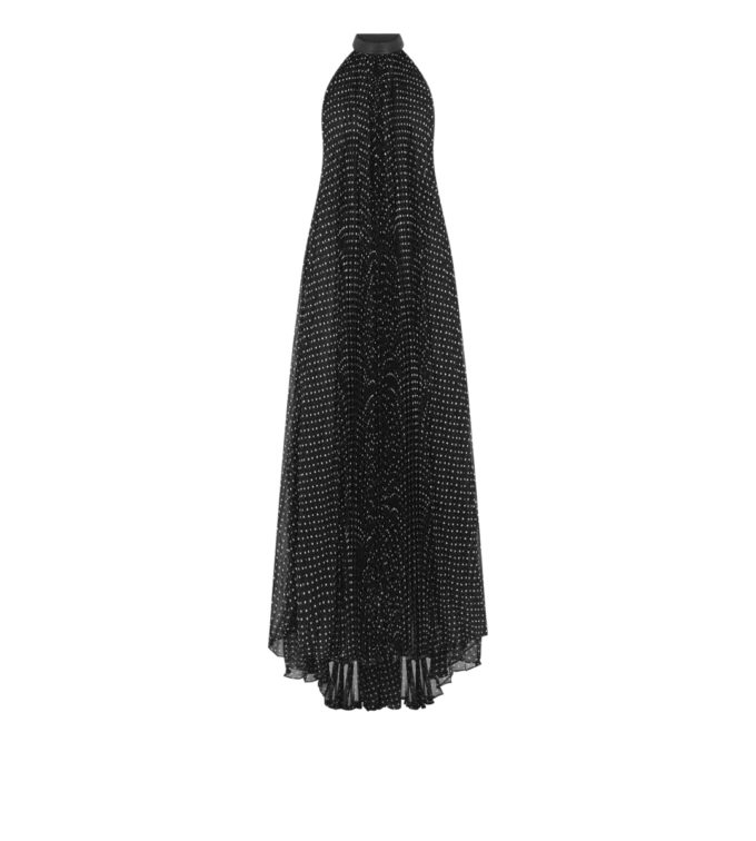 Robe de soirée en georgette de soie à col bénitier et plissé soleil avec détails en cuir Robe de soirée en georgette de soie à col bénitier et plissé soleil avec détails en cuir