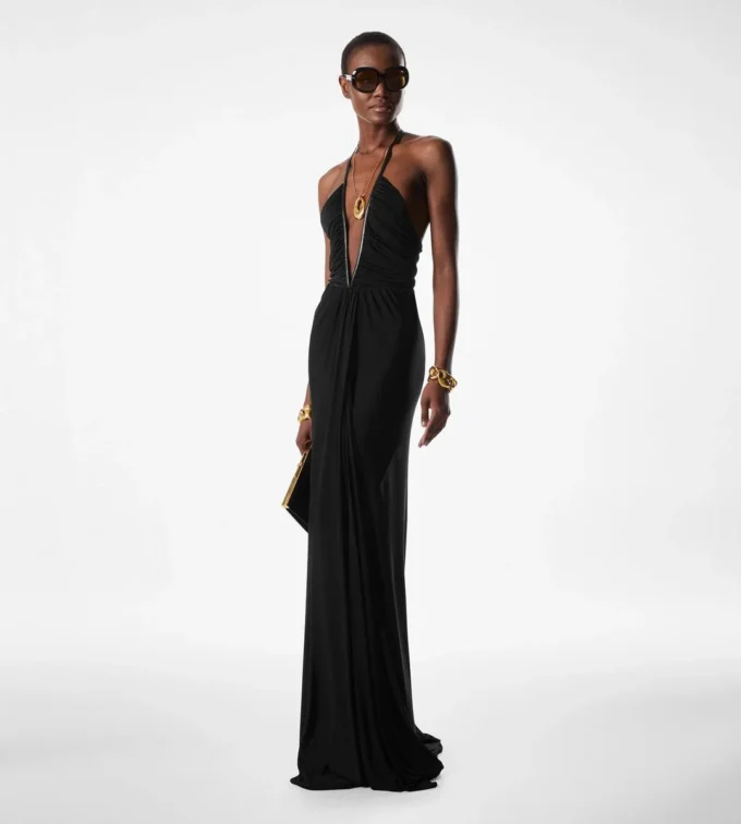Robe de soirée en jersey stretch à encolure en V profonde