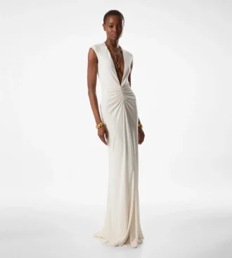 Robe de soirée en jersey stretch Sable’ à décolleté plongeant en V Robe de soirée en jersey stretch Sable’ à décolleté plongeant en V