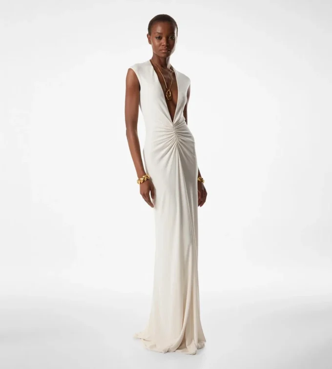 Robe de soirée en jersey stretch Sable&rsquo; à décolleté plongeant en V