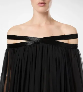 Robe de soirée en mousseline de soie brodée à épaules dénudées