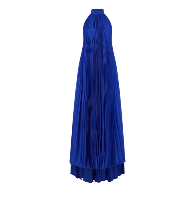 Robe de soirée en soie à plissé soleil et dos nu