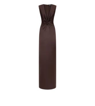 Robe de soirée en soie sans manches, décolleté en V profond et devant torsadé