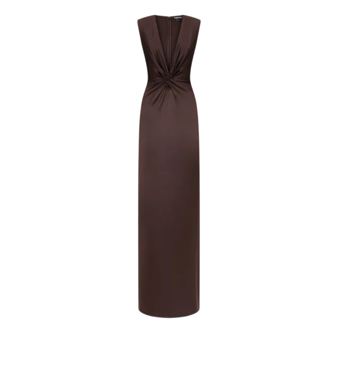 Robe de soirée en soie sans manches, décolleté en V profond et devant torsadé