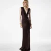 Robe de soirée en soie sans manches, décolleté en V profond et devant torsadé