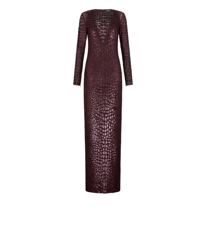 Robe de soirée à manches longues brodée effet croco