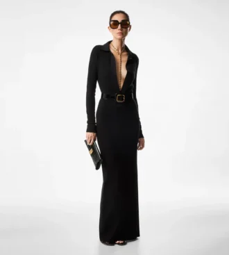 Robe longue en laine stretch à mailles fines