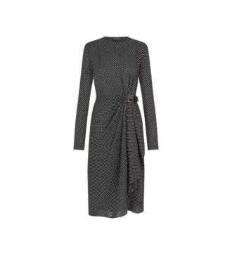 Robe longue à manches longues en soie imprimée sable avec détails en cuir