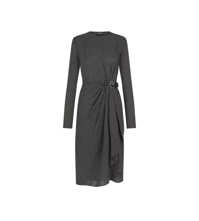 Robe longue à manches longues en soie imprimée sable avec détails en cuir Robe longue à manches longues en soie imprimée sable avec détails en cuir