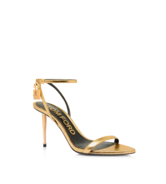 Sandales ouvertes à bout pointu en cuir nappa laminé avec cadenas 85 mm