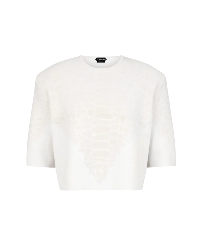 T-shirt à col rond en mérinos et cachemire avec détail python en relief en chenille de soie T-shirt à col rond en mérinos et cachemire avec détail python en relief en chenille de soie