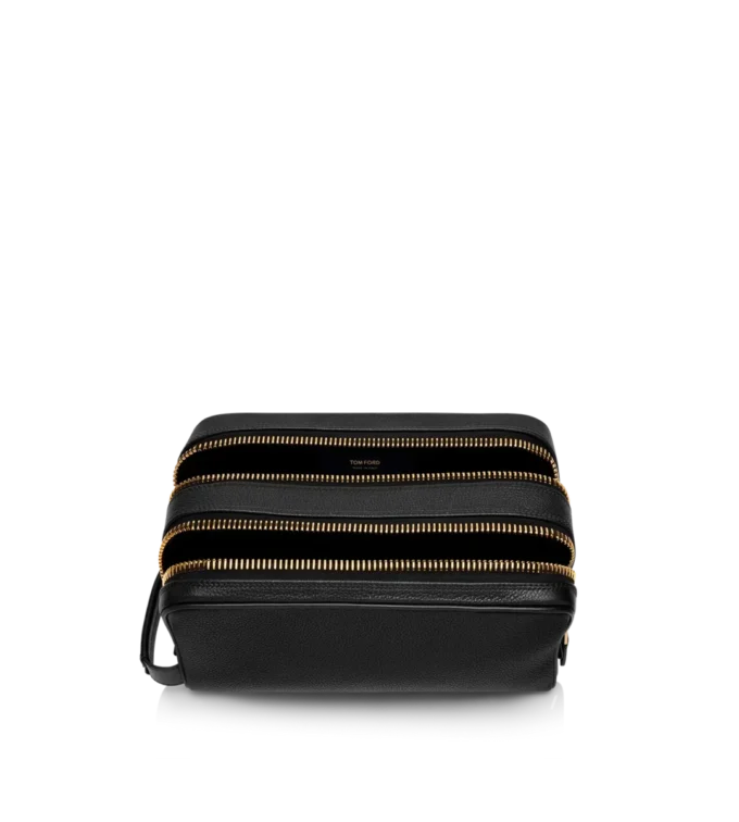 Trousse de toilette double fermeture éclair en cuir grainé
