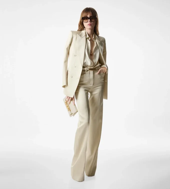 Pantalon bootcut ajusté en twill de soie et laine Pantalon bootcut ajusté en twill de soie et laine