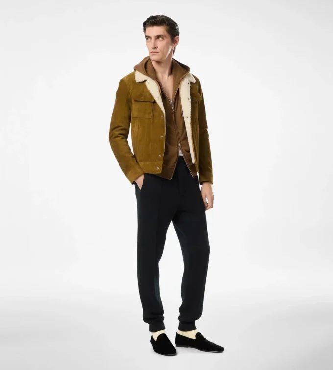 Veste de camionneur en daim brossé avec col en peau lainée Veste de camionneur en daim brossé avec col en peau lainée