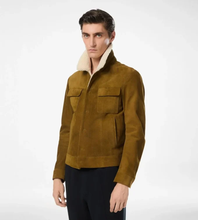 Veste de camionneur en daim brossé avec col en peau lainée Veste de camionneur en daim brossé avec col en peau lainée