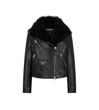 Veste de motard asymétrique en cuir avec peau lainée