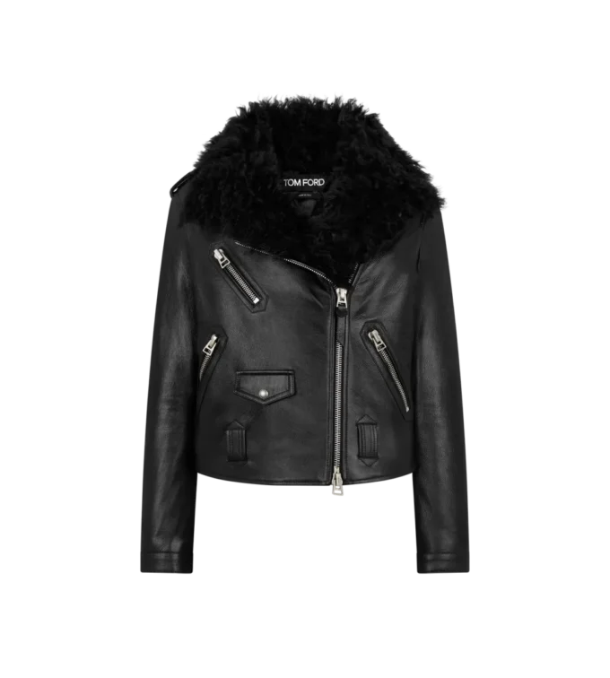 Veste de motard asymétrique en cuir avec peau lainée Veste de motard asymétrique en cuir avec peau lainée