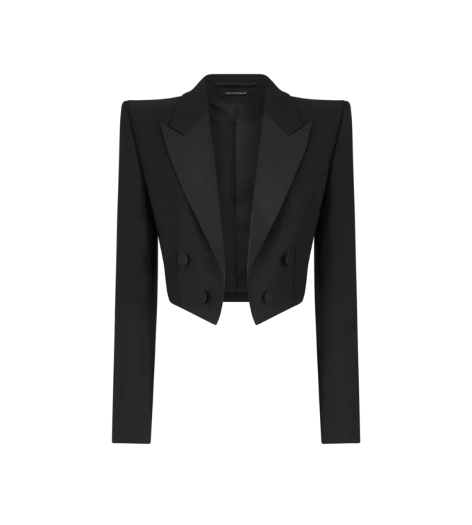 Veste de smoking courte à double boutonnage en laine et soie mélangées Veste de smoking courte à double boutonnage en laine et soie mélangées
