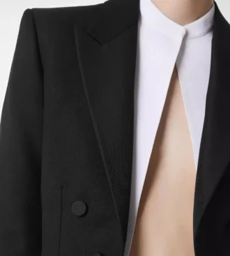 Veste de smoking courte à double boutonnage en laine et soie mélangées