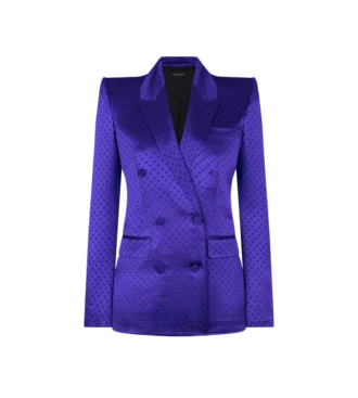Veste à double boutonnage et revers en pointe en jacquard à pois