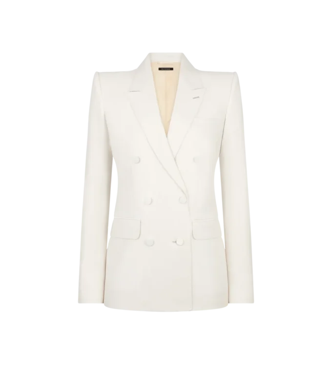 Veste à double boutonnage et revers en pointe en laine et soie à rayures ombrées Veste à double boutonnage et revers en pointe en laine et soie à rayures ombrées