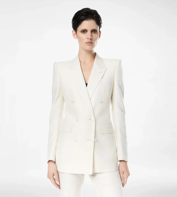 Veste à double boutonnage et revers en pointe en laine et soie à rayures ombrées Veste à double boutonnage et revers en pointe en laine et soie à rayures ombrées