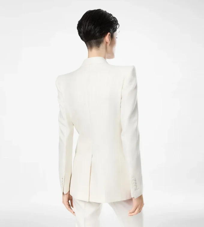 Veste à double boutonnage et revers en pointe en laine et soie à rayures ombrées Veste à double boutonnage et revers en pointe en laine et soie à rayures ombrées