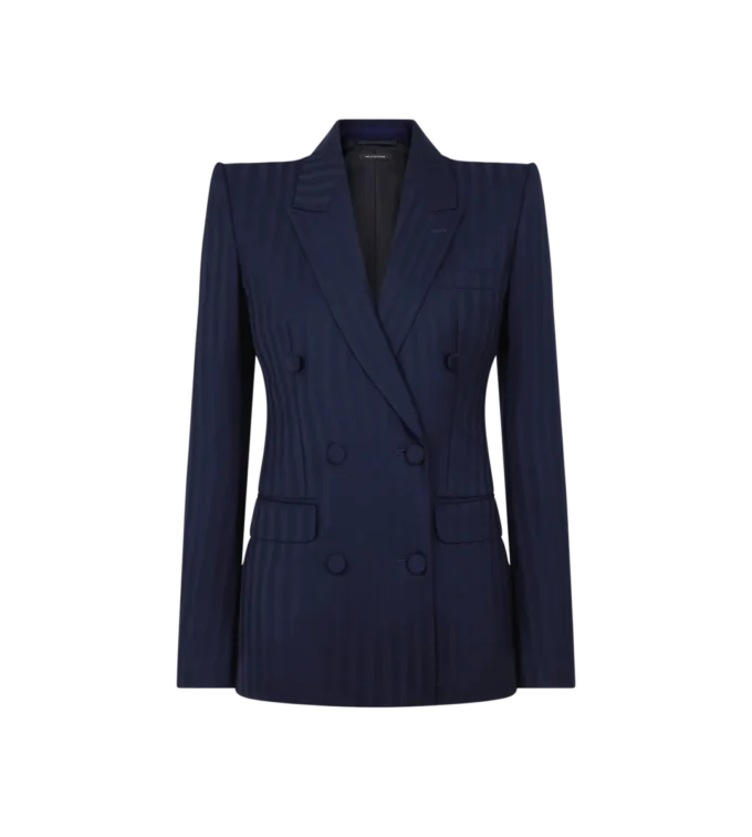 Veste à double boutonnage et revers en pointe en laine vierge à rayures ton sur ton Veste à double boutonnage et revers en pointe en laine vierge à rayures ton sur ton