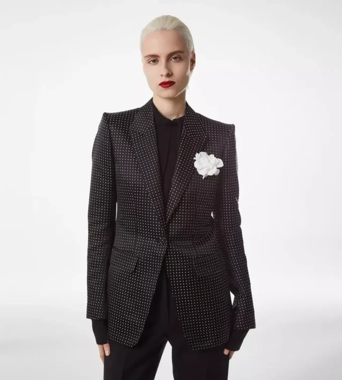 Veste droite en duchesse à pois jacquard Veste droite en duchesse à pois jacquard