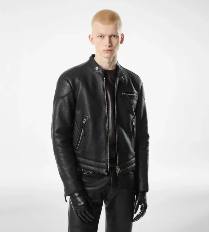 Veste motard en cuir grainé Veste motard en cuir grainé