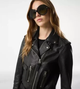 Veste motard en cuir plongé brillant