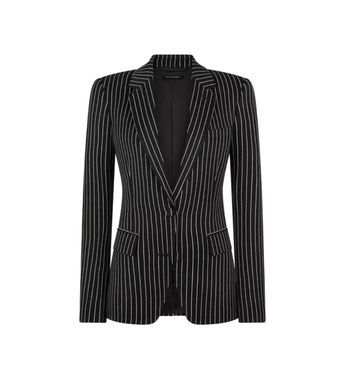 Veste simple boutonnage en laine et coton barathea rayée Veste simple boutonnage en laine et coton barathea rayée
