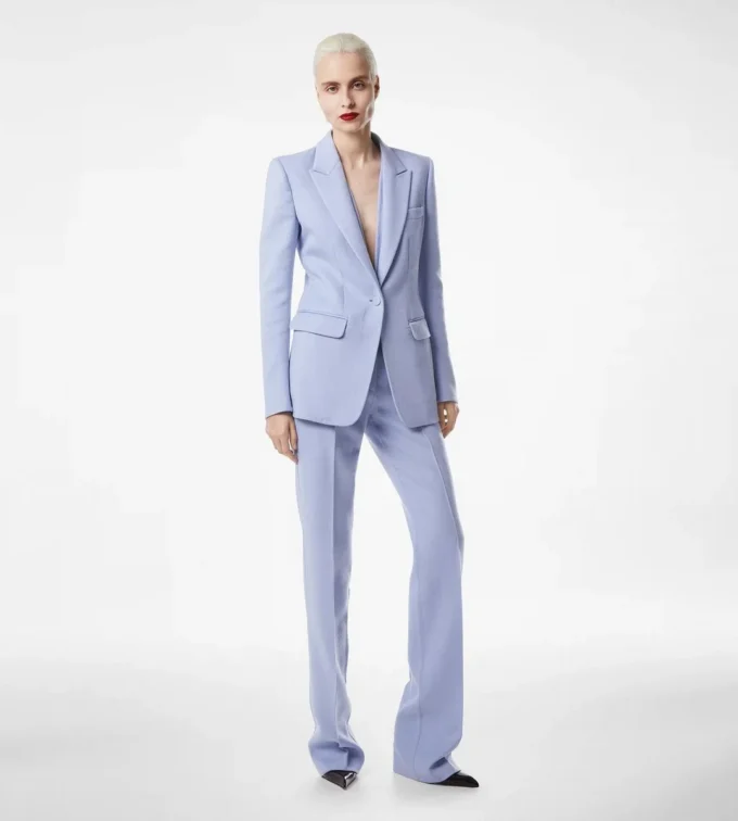 Pantalon droit ajusté en laine légère double face Pantalon droit ajusté en laine légère double face